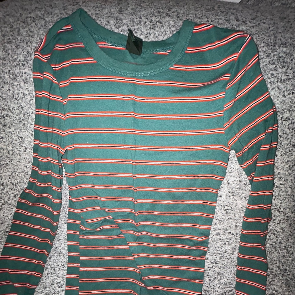 orange and green stripped long sleeve shirt